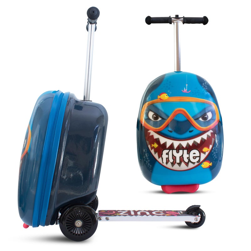 FLYTE Scooter Suitcase Folding Kids Luggage â€“ Stormy the Shark, 18 Inch Hardshell, Ride On with Wheels, 2-in-1, 25 Litre Capacity - Image 1