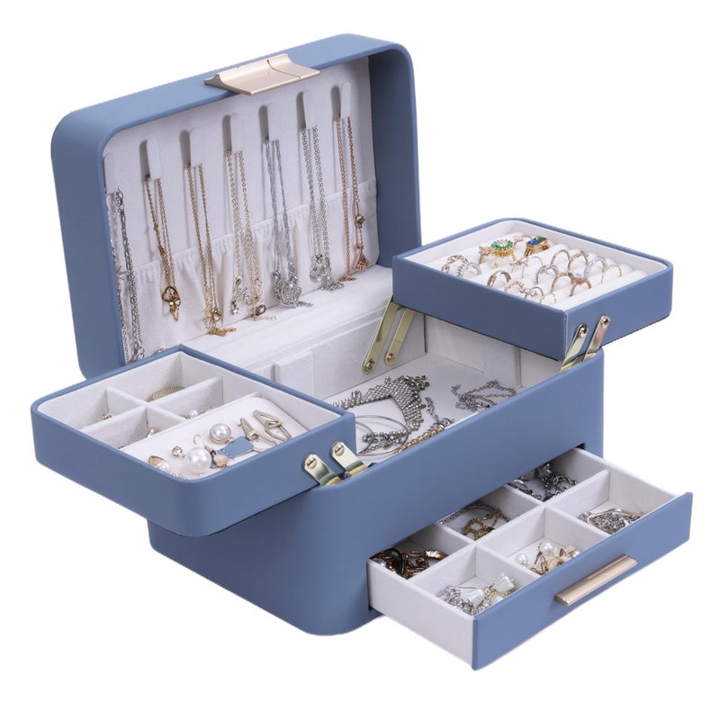 KAMIER Jewelry Box, 3 Layers Jewelry Organizer with Drawers, PU Leather Jewelry Storage Organizer for Earring, Ring, Necklace, Bracelets, Christmas Gift, Bluish Grey - Image 1