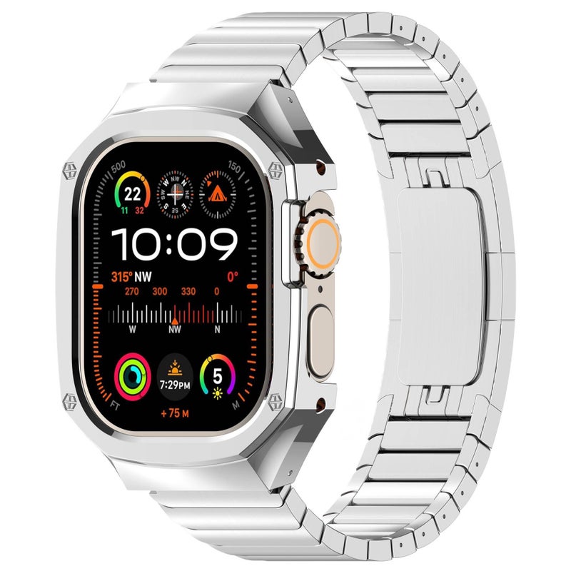 سوار ساعة ذكية سوار معدني من الستانلس ستيل متوافق مع Apple Watch 42/44/45/49mm بملاءمة قابلة للتعديل وحزام بديل بتصميم معدني أنيق باللون ذهبي قابل للتعديل - Image 4