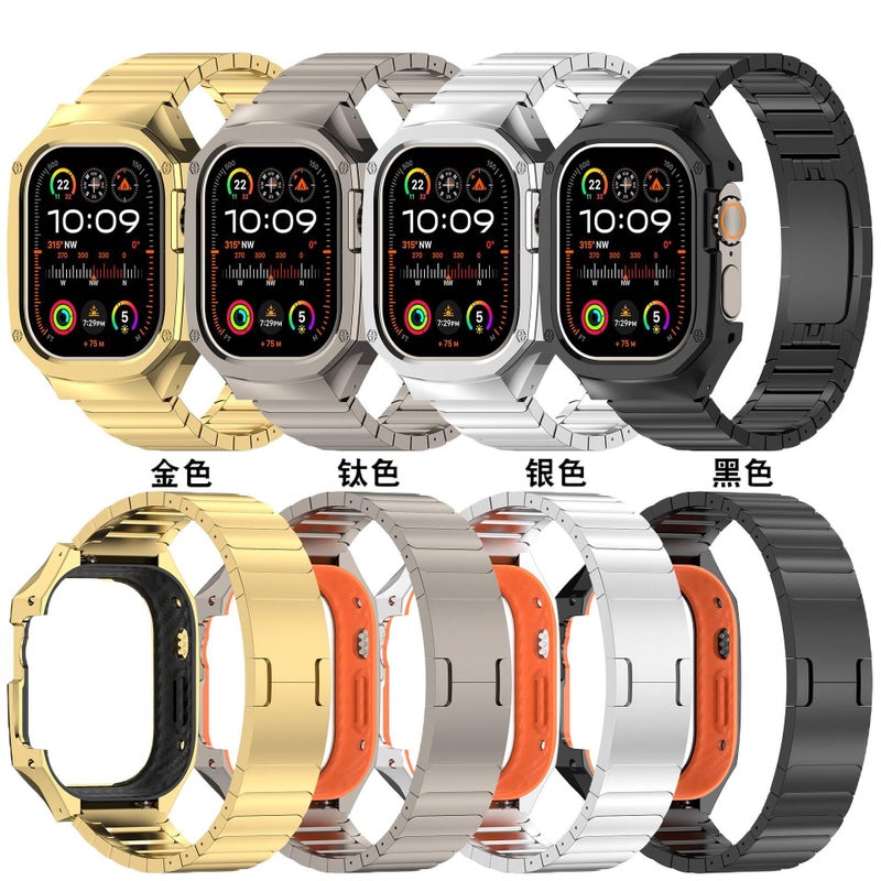 سوار ساعة ذكية سوار معدني من الستانلس ستيل متوافق مع Apple Watch 42/44/45/49mm بملاءمة قابلة للتعديل وحزام بديل بتصميم معدني أنيق باللون ذهبي قابل للتعديل - Image 2