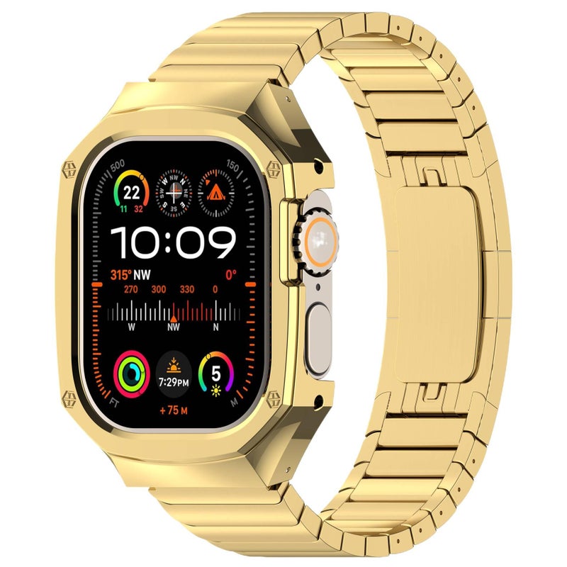 سوار ساعة ذكية سوار معدني من الستانلس ستيل متوافق مع Apple Watch 42/44/45/49mm بملاءمة قابلة للتعديل وحزام بديل بتصميم معدني أنيق باللون ذهبي قابل للتعديل - Image 1