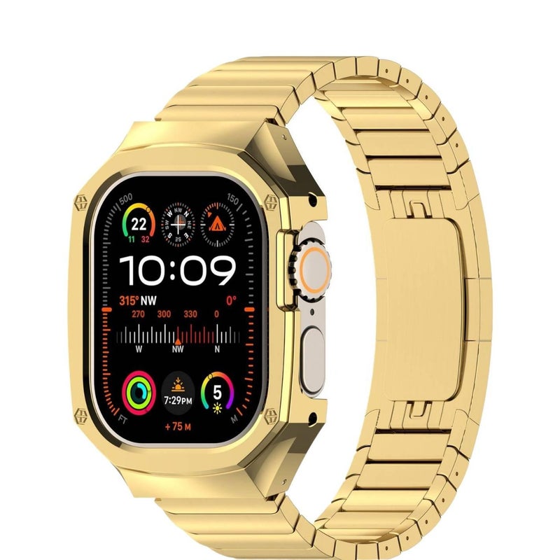 سوار ساعة ذكية سوار معدني من الستانلس ستيل متوافق مع Apple Watch 42/44/45/49mm بملاءمة قابلة للتعديل وحزام بديل بتصميم معدني أنيق باللون ذهبي قابل للتعديل - Image 3