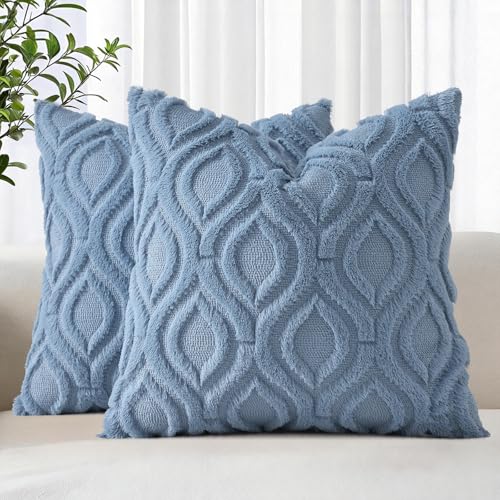 decorUhome Throw Pillow Covers 18x18 Inch Set of 2 Soft Plush Faux Wool Dusty Blue Coastal Solid Couch Pillow Covers Accent Farmhouse Square Patriotic Pillow Cases for Sofa Bed Living Room - Image 1