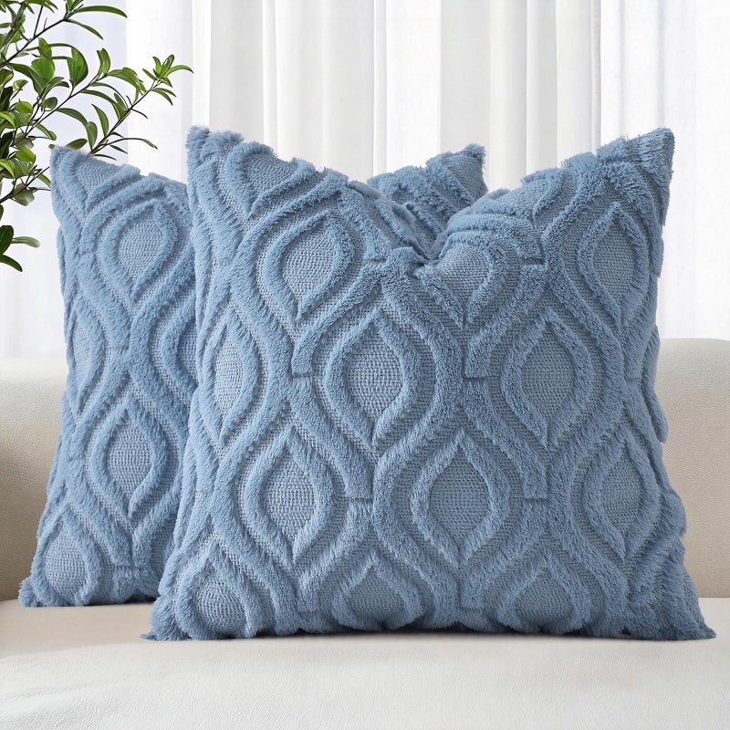 decorUhome Throw Pillow Covers 18x18 Inch Set of 2 Soft Plush Faux Wool Dusty Blue Coastal Solid Couch Pillow Covers Accent Farmhouse Square Patriotic Pillow Cases for Sofa Bed Living Room - Image 2