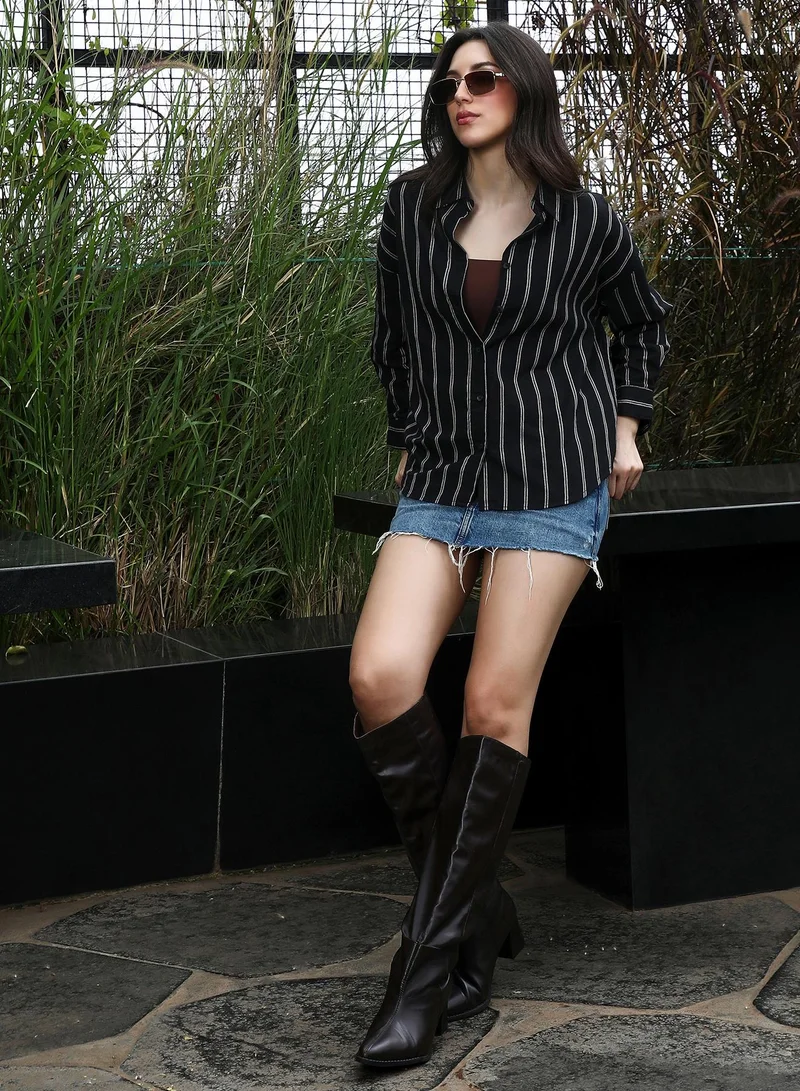 PINACOLADA  Women's Duo-Striped Oversized Shirt | Spread Collar , Long Button-Cuff Sleeves, Button Closure | Stripes Dobby Woven Shirt For Casual & Daily Wear | Onyx Black for Women | Best Price UAE