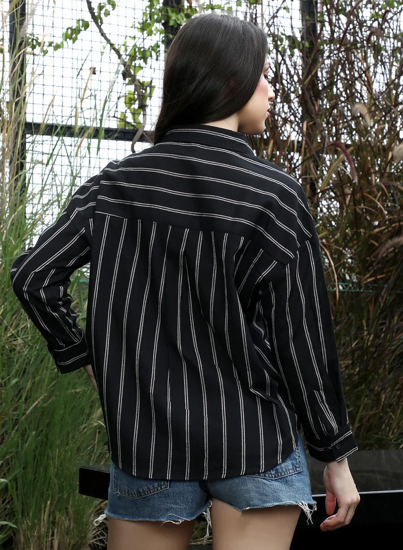 PINACOLADA  Women's Duo-Striped Oversized Shirt | Spread Collar , Long Button-Cuff Sleeves, Button Closure | Stripes Dobby Woven Shirt For Casual & Daily Wear | Onyx Black for Women | Best Price UAE