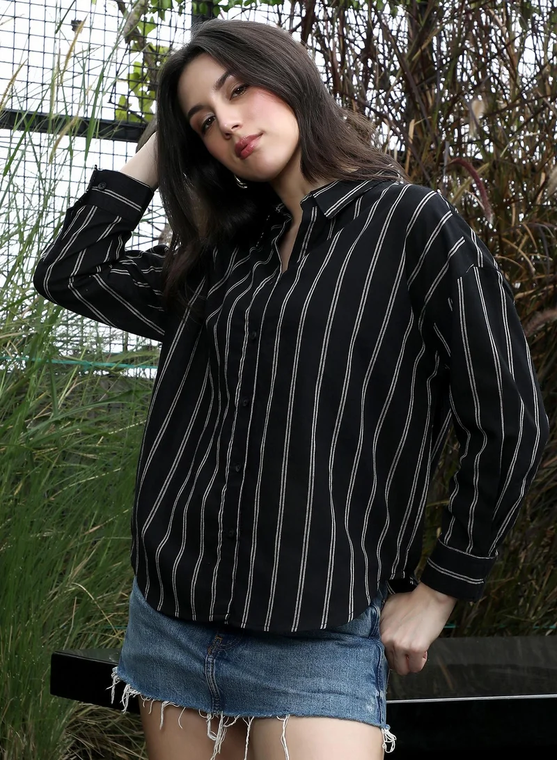 PINACOLADA  Women's Duo-Striped Oversized Shirt | Spread Collar , Long Button-Cuff Sleeves, Button Closure | Stripes Dobby Woven Shirt For Casual & Daily Wear | Onyx Black for Women | Best Price UAE
