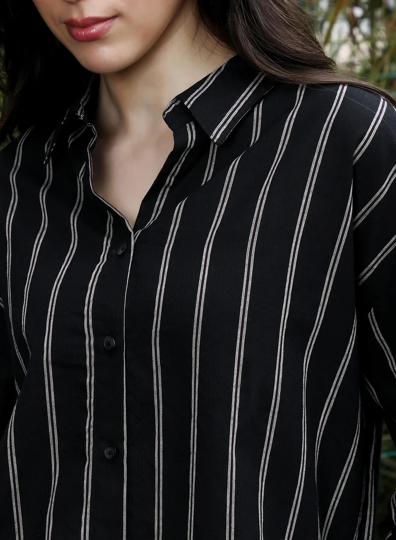 PINACOLADA  Women's Duo-Striped Oversized Shirt | Spread Collar , Long Button-Cuff Sleeves, Button Closure | Stripes Dobby Woven Shirt For Casual & Daily Wear | Onyx Black for Women | Best Price UAE