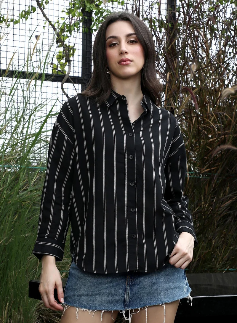 PINACOLADA  Women's Duo-Striped Oversized Shirt | Spread Collar , Long Button-Cuff Sleeves, Button Closure | Stripes Dobby Woven Shirt For Casual & Daily Wear | Onyx Black for Women | Best Price UAE