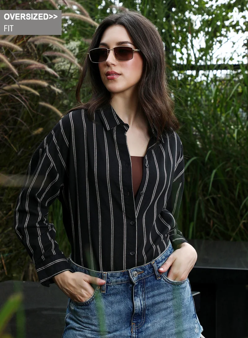Women's Duo-Striped Oversized Shirt | Spread Collar , Long Button-Cuff Sleeves, Button Closure | Stripes Dobby Woven Shirt For Casual & Daily Wear | Onyx Black
