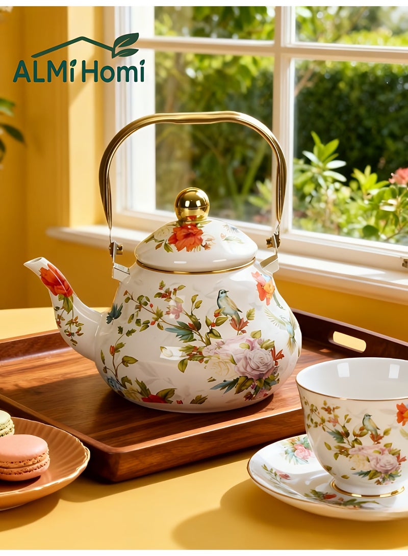 ALMiHomi European Style Enamel Teapot with Infuser – 1.5L Thickened Bird & Floral Pattern Kettle – Gas, Electric, Ceramic & Induction Stove Compatible – Elegant Coffee/Tea Pot for Home or Gift Use - Image 1