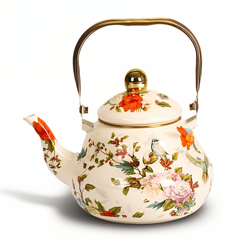 ALMiHomi European Style Enamel Teapot with Infuser – 1.5L Thickened Bird & Floral Pattern Kettle – Gas, Electric, Ceramic & Induction Stove Compatible – Elegant Coffee/Tea Pot for Home or Gift Use - Image 1
