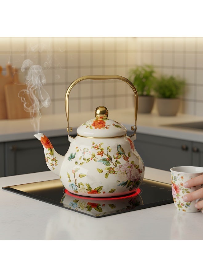 ALMiHomi European Style Enamel Teapot with Infuser – 1.5L Thickened Bird & Floral Pattern Kettle – Gas, Electric, Ceramic & Induction Stove Compatible – Elegant Coffee/Tea Pot for Home or Gift Use - Image 2