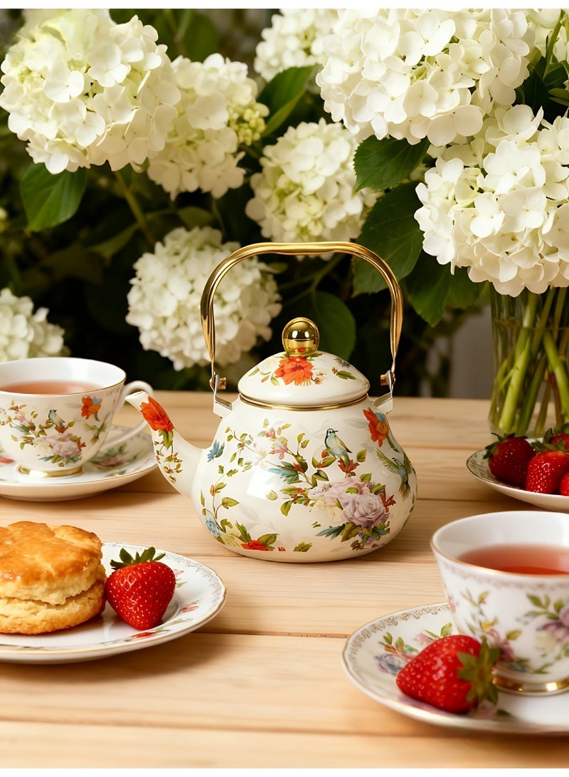 ALMiHomi European Style Enamel Teapot with Infuser – 1.5L Thickened Bird & Floral Pattern Kettle – Gas, Electric, Ceramic & Induction Stove Compatible – Elegant Coffee/Tea Pot for Home or Gift Use - Image 4