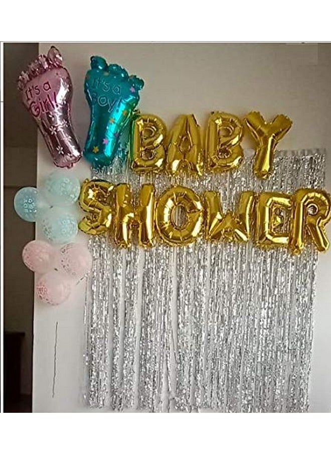 Amit Marketing - Amit Marketing Baby Shower Decoration Kit Combo - Fringe Foil Curtains, Banner, Foot Balloons & Latex Metallic Balloons I It?s a boy and a Girl Lovely Balloon I Party Decor items - Set of 15 Pcs - Image 1