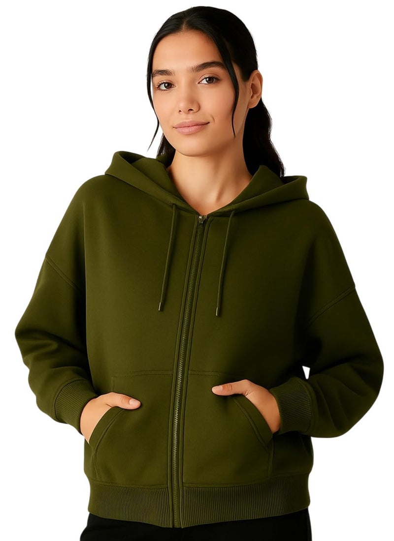 ADBUCKS Women's Oversized Winter Jacket Sweatshirts Casual Drawstring Clothes Zip Up Hoodie with Front Pocket Ii Womens Hoodies Ii (in, Alpha, M, Olive) - Image 1