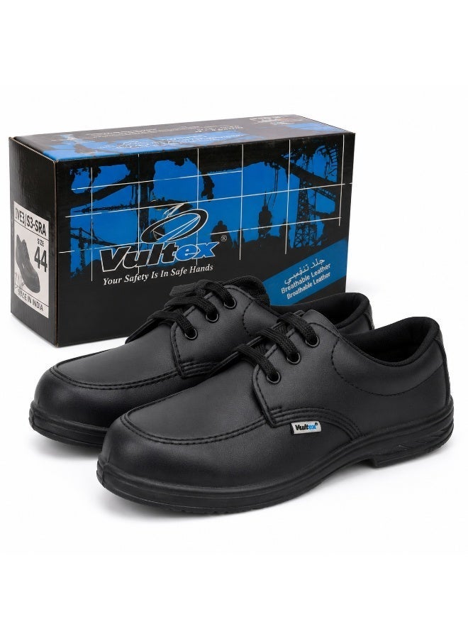 Vaultex Vautex Men’s Safety Shoes S3 SRA Black-44 Lace-Up Work Shoes, Breathable Leather Industrial Protective Footwear For Construction, Warehouse, Workshop And Site Use - Image 1