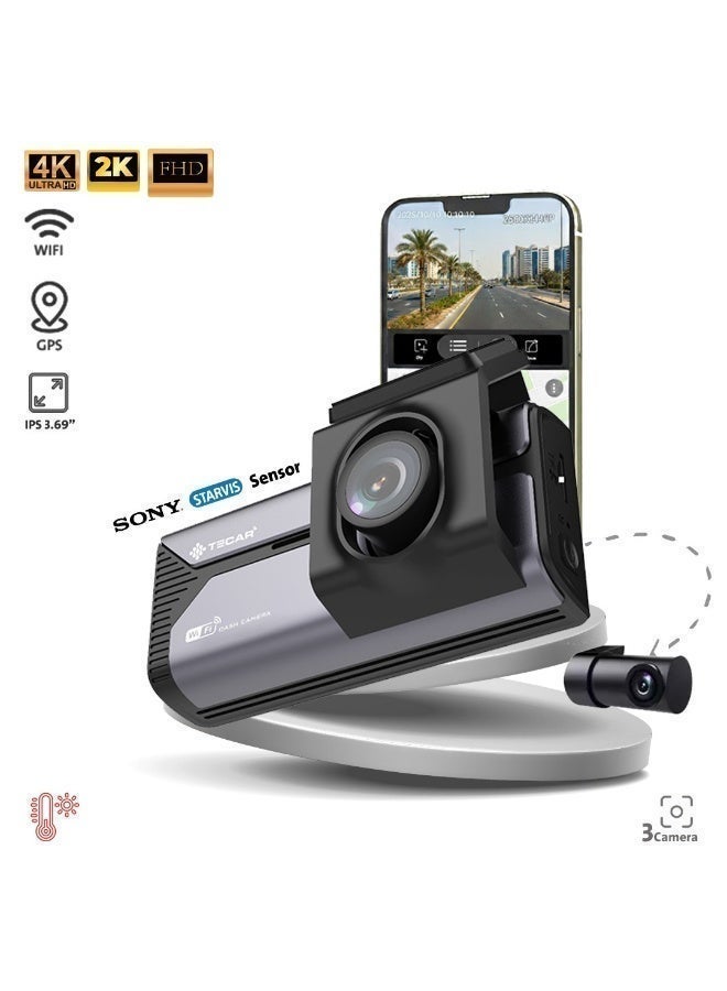 TE-D343 Dash Cam with Three Sony Lenses, 4K Front Camera, 2K Rear Camera, WiFi Tracking, 24-Hour Recording, and APP Integration - Image 1