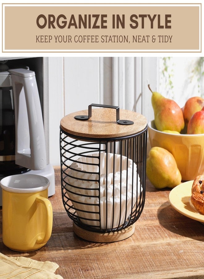 MosJos Coffee Filter Holder for Counter with Wooden Lid - Round Black Wire Coffee Pod Storage Container Basket for Kitchen Countertop Organization - Coffee Bar Accessories - Image 2