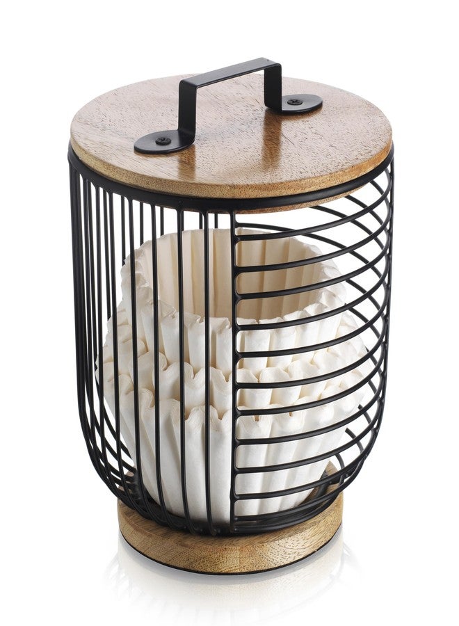 MosJos Coffee Filter Holder for Counter with Wooden Lid - Round Black Wire Coffee Pod Storage Container Basket for Kitchen Countertop Organization - Coffee Bar Accessories - Image 1