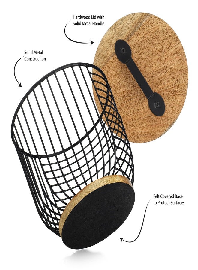 MosJos Coffee Filter Holder for Counter with Wooden Lid - Round Black Wire Coffee Pod Storage Container Basket for Kitchen Countertop Organization - Coffee Bar Accessories - Image 3