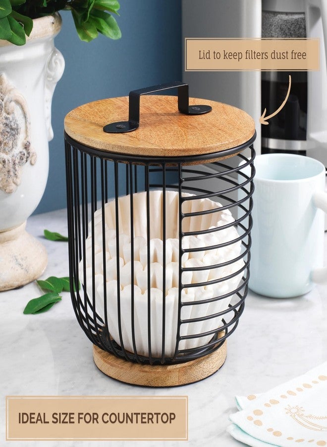 MosJos Coffee Filter Holder for Counter with Wooden Lid - Round Black Wire Coffee Pod Storage Container Basket for Kitchen Countertop Organization - Coffee Bar Accessories - Image 5