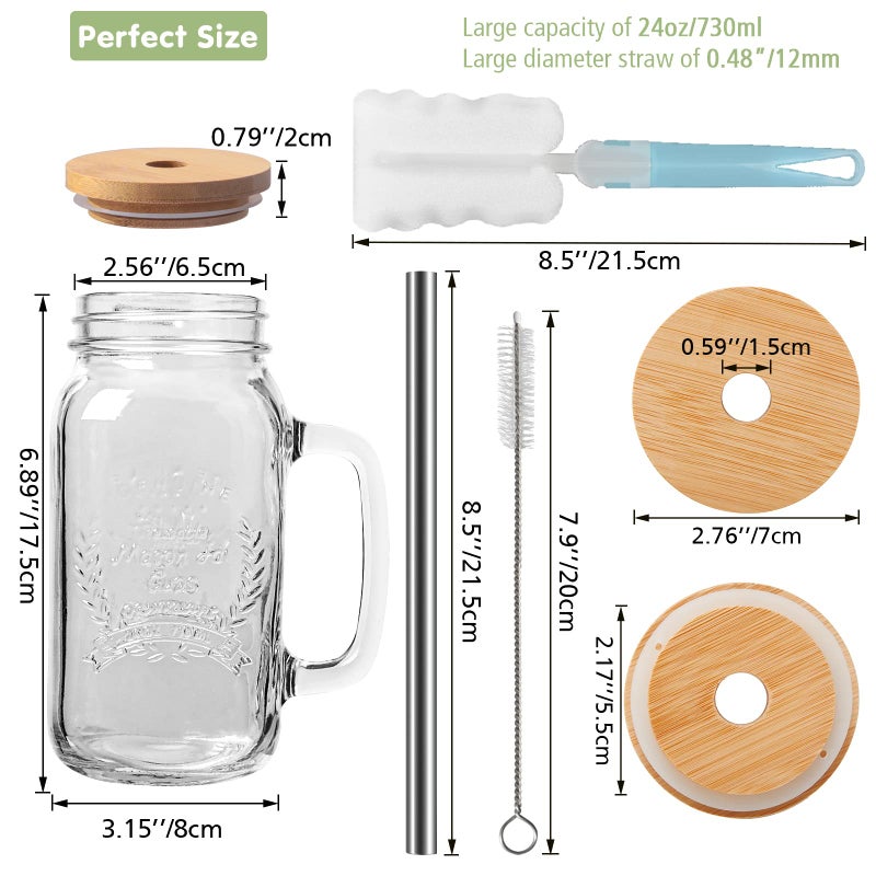 Yirilan Yirilan 2 Pack 24Oz Mason jar cups with lids and straws, Mason Jars with Handle, Mason Jar Drinking Glasses with Lid and Straw, Mason Jar Mugs  - Image 2