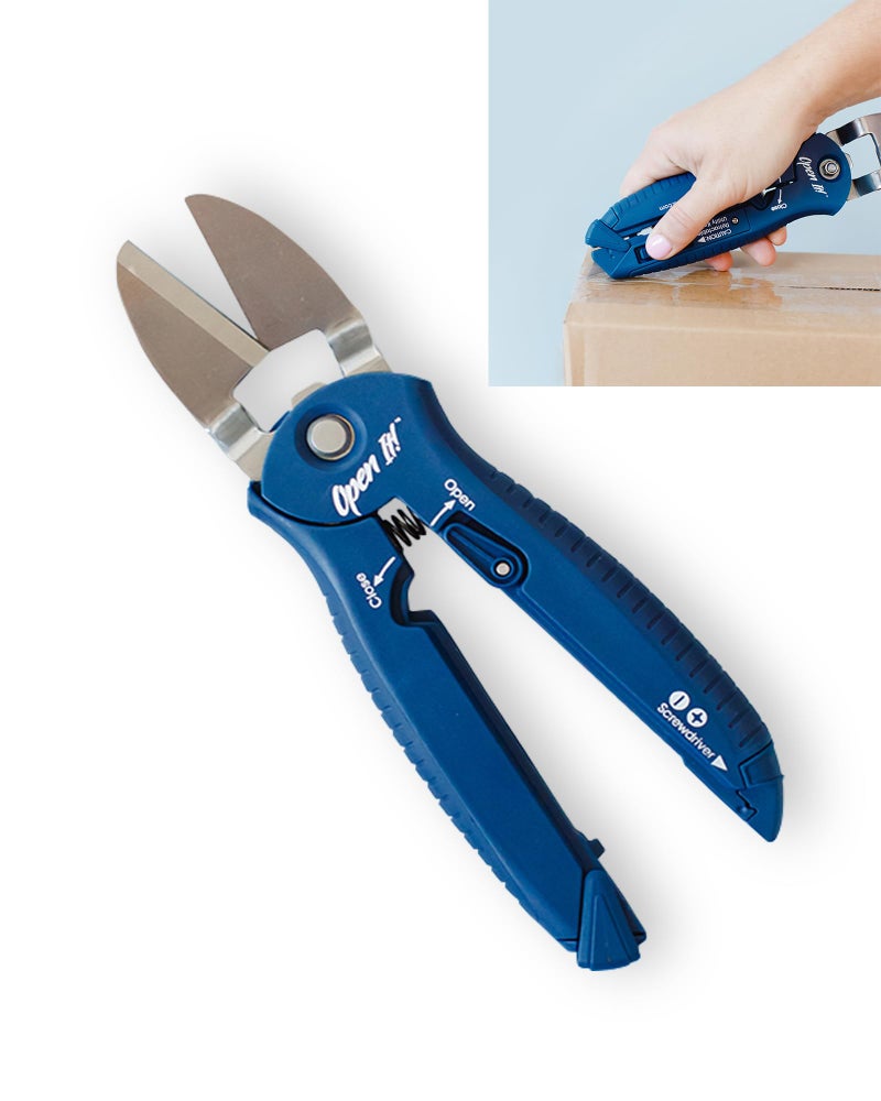 Zibra Open-It! All-In-One Multi Tool with Heavy-Duty Scissors, Box Cutter, Screwdriver, and Package Opener, Blue - Image 1