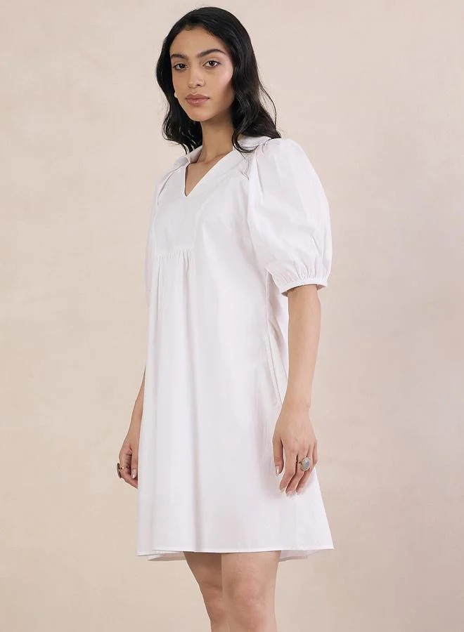 Femmella White Poplin V-Neck A-Line Mini Dress