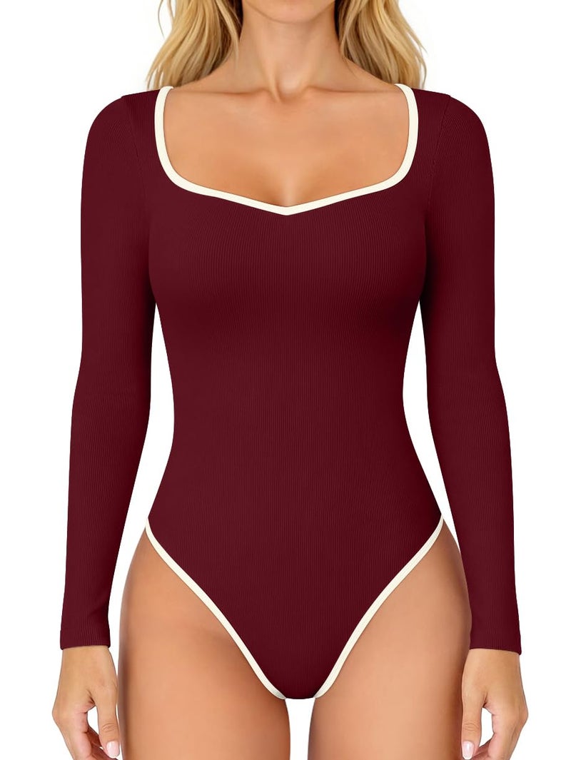 OQQ Women Bodysuit Contrast-Trim Square Neck Long Sleeve Stretch Bodysuit Tops Darkred - Image 1
