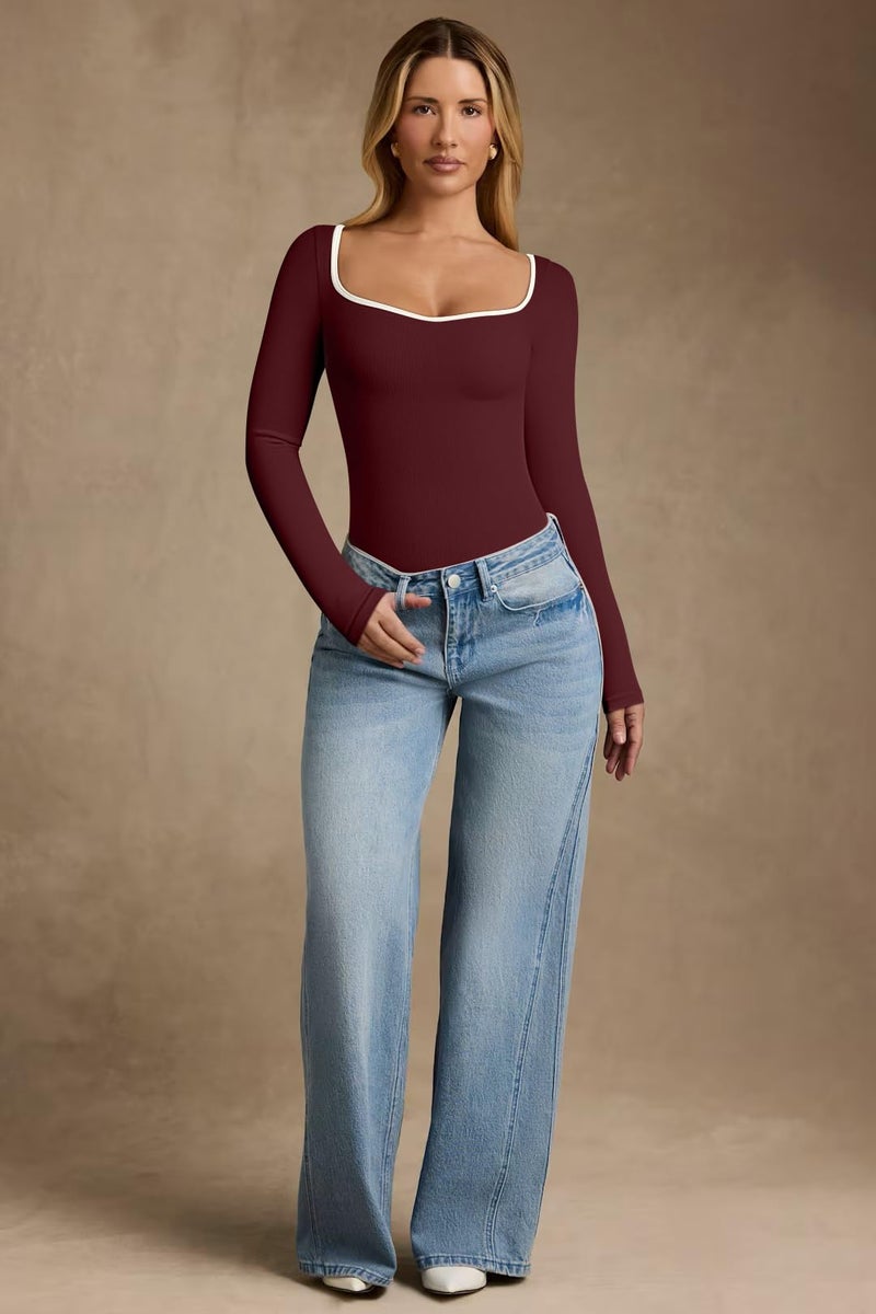 OQQ Women Bodysuit Contrast-Trim Square Neck Long Sleeve Stretch Bodysuit Tops Darkred - Image 5