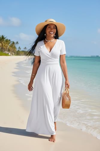 CLOCOR Long Dresses for Women Formal A Line V Neck Short Sleeve Dress High Waist Wedding Guest Elegant Church White 3XL - Image 2