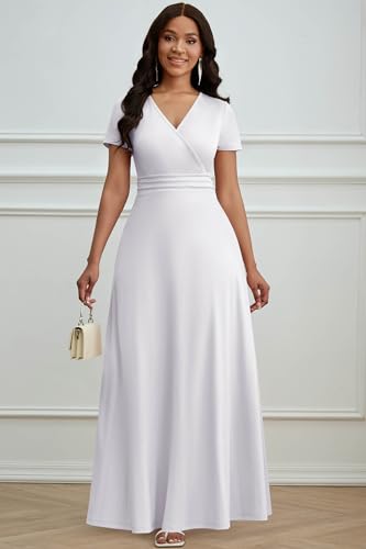 CLOCOR Long Dresses for Women Formal A Line V Neck Short Sleeve Dress High Waist Wedding Guest Elegant Church White 3XL - Image 4