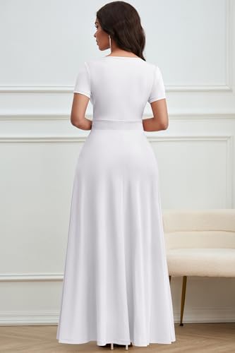 CLOCOR Long Dresses for Women Formal A Line V Neck Short Sleeve Dress High Waist Wedding Guest Elegant Church White 3XL - Image 5