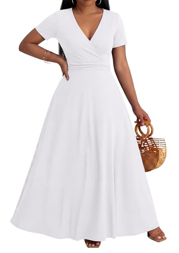 CLOCOR Long Dresses for Women Formal A Line V Neck Short Sleeve Dress High Waist Wedding Guest Elegant Church White 3XL - Image 1