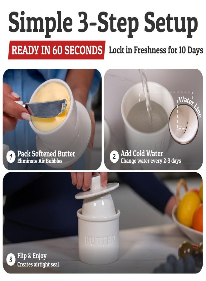 Priority Chef Butter Crock with Lid with Water Line, Ceramic French Butter Dish to Leave On Counter, White - Image 3