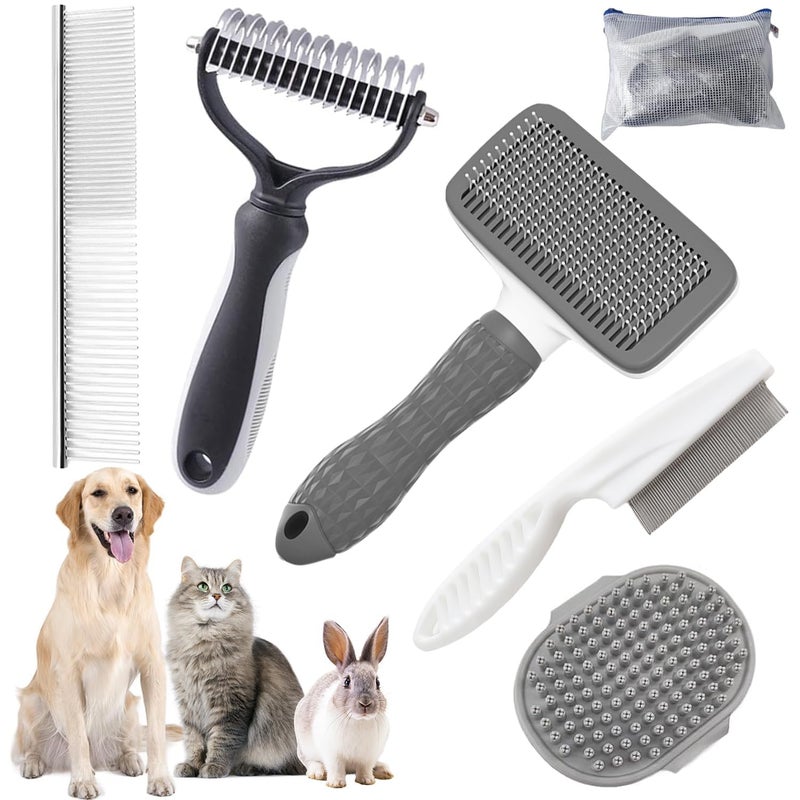 KUEIOX Dog Brush for Shedding,6 PCS in One Pet Slicker Hair Brush Kit Organizer Bag - Dog Cat Grooming Deshedding Undercoat Rake Brush Comb for All Small Large Dogs Cats Grey - Image 1