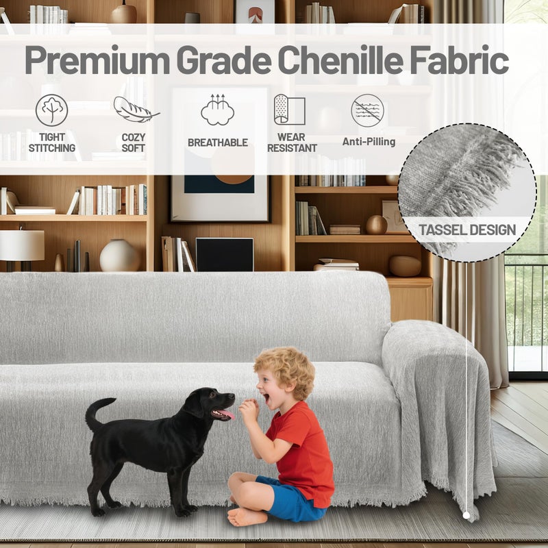 ROFASVCO 1OO% Waterproof Corner Sectional Couch Covers L Shape Chenille Sectional Sofa Cover with Tassel Soft Thick Washable Sofa Slipcover Furniture Protector for Dogs Pets (91" x 276", Air Grey) - Image 3