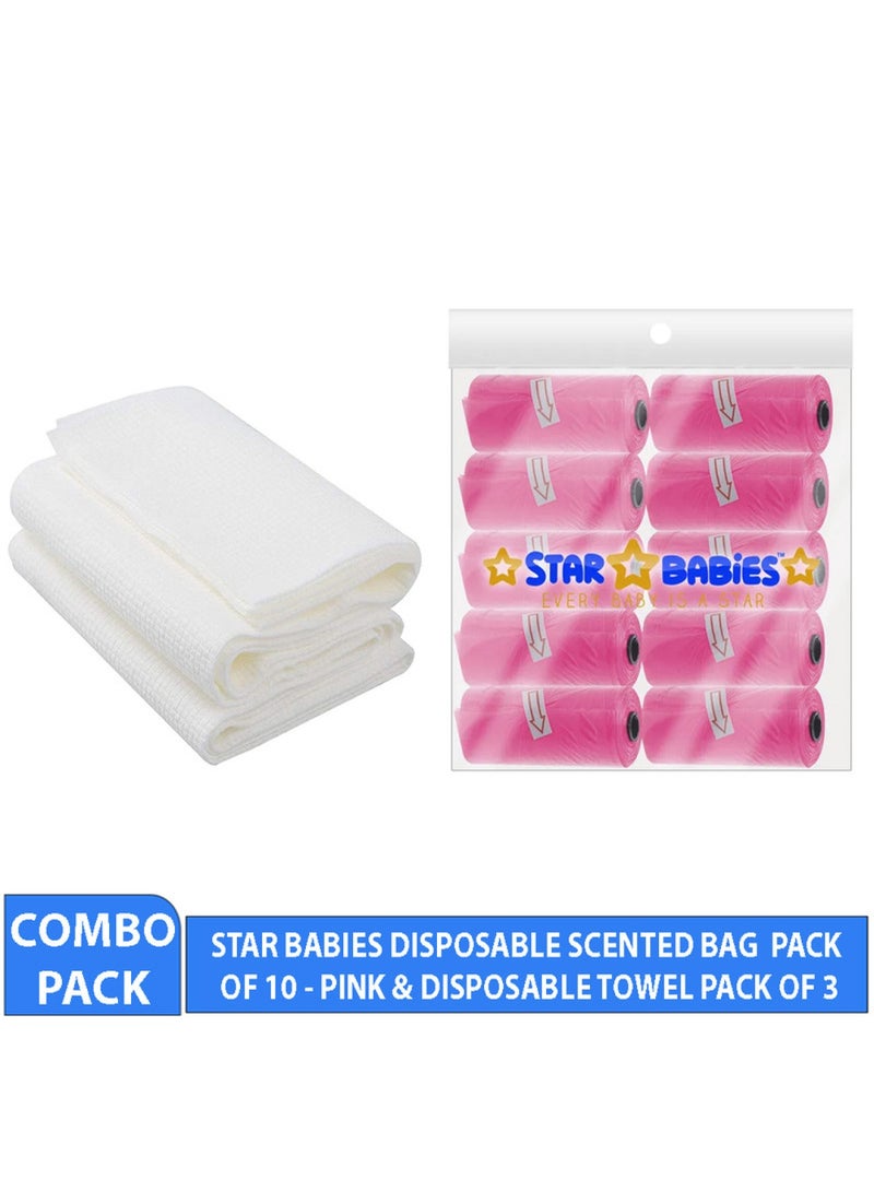 STAR BABiES Combo Pack Scented Bag Pack Of 10 With Dispsoable Towel Pack Of 3   Pink - Image 2
