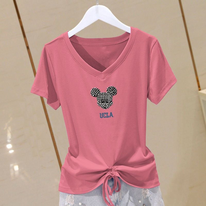 Summer Plus Size Cotton V-Neck Slimming Tee for Women Pink-UCLA Mickey