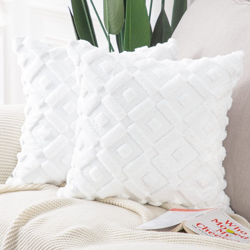 MADIZZ Set of 2 White Plush Short Wool Throw Pillow Covers 20x20 Inch Square Super Soft Cozy Decorative Velvet Cushion Cover for Sofa Bedroom Livingroom Pillow Shell