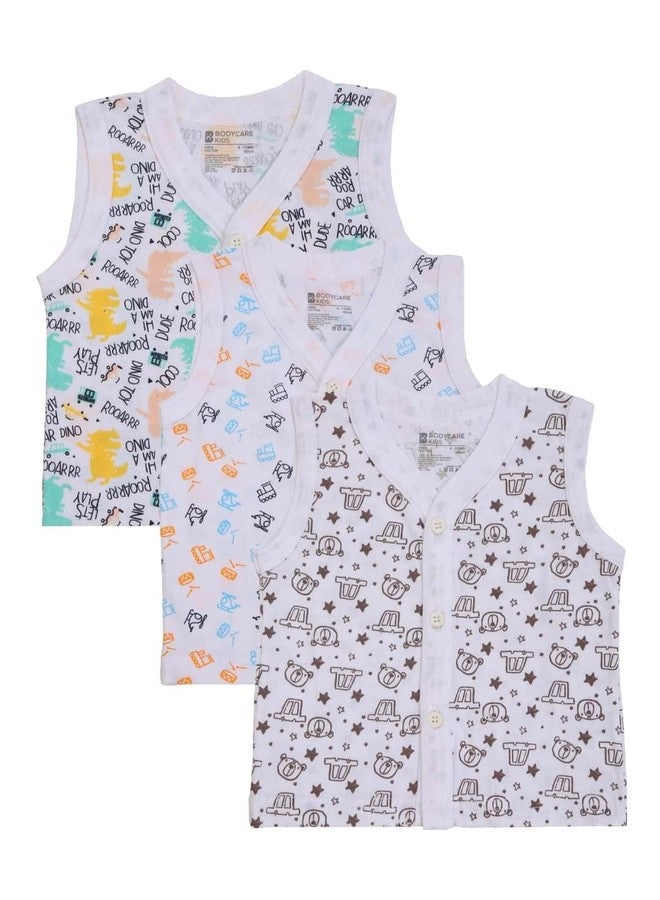 BODYCARE Unisex Cotton Regular Fit Vest White Front Open Half Sleeves Pack of 3.., 6-12 Months - Image 1