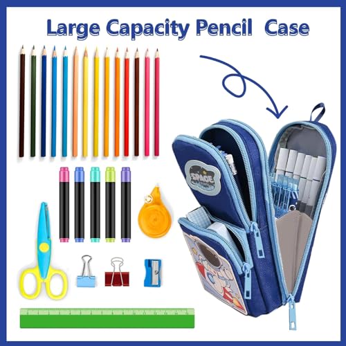 Parshya Space Astronut Pencil Pouch for Boys | Large Capacity 3 Zipper Pencil Case with Multiple Compartments | Stationery Organizer for School Kids | Durable Fabric, Cute Space Travel Design - Image 3
