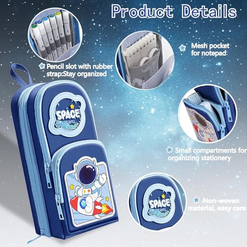 Parshya Space Astronut Pencil Pouch for Boys | Large Capacity 3 Zipper Pencil Case with Multiple Compartments | Stationery Organizer for School Kids | Durable Fabric, Cute Space Travel Design - Image 4