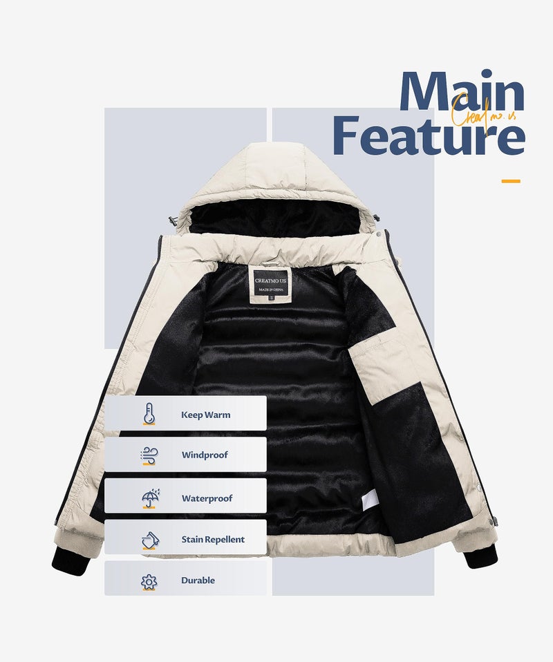 CREATMO US Women's Heavyweight Oversized Long Sleeve Zip Water Resistant Puffer Jacket Warm Short Winter Coat Beige 3XL - Image 3