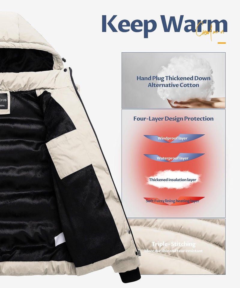 CREATMO US Women's Heavyweight Oversized Long Sleeve Zip Water Resistant Puffer Jacket Warm Short Winter Coat Beige 3XL - Image 4