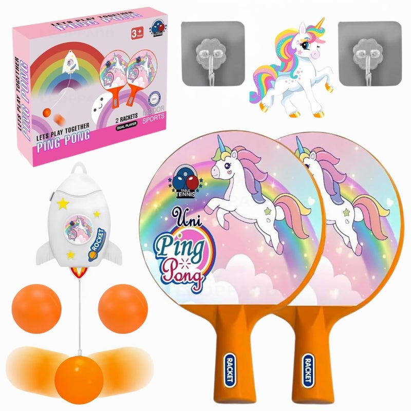 Eitheo طقم تنس طاولة معلق داخلي للأطفال، طقم لعبة تدريب ذاتي لتنس الطاولة مع 2 مضرب، 3 كرات بينغ بونغ، 2 خطاف معلق، 1 صاروخ معلق لكرات بينغ بونغ (تصاميم متعددة) - Image 1