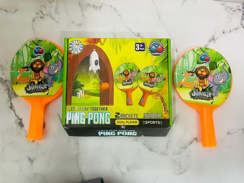 Eitheo طقم تنس طاولة معلق داخلي للأطفال، طقم لعبة تدريب ذاتي لتنس الطاولة مع 2 مضرب، 3 كرات بينغ بونغ، 2 خطاف معلق، 1 صاروخ معلق لكرات بينغ بونغ (تصاميم متعددة) - Image 2