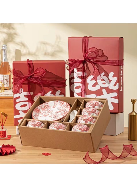 Luxury 14-Piece Porcelain Dinnerware Set – Elegant Red Floral Design with 6 Bowls, 6 Ceramic Spoons, and 2 Serving Plates in Premium Gift Packaging