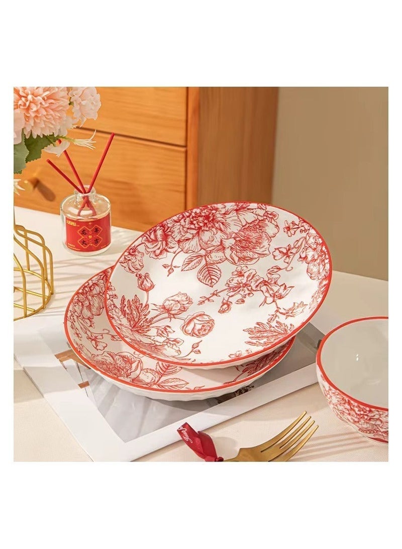OLUDENIZ Luxury 14-Piece Porcelain Dinnerware Set – Elegant Red Floral Design with 6 Bowls, 6 Ceramic Spoons, and 2 Serving Plates in Premium Gift Packaging - Image 4